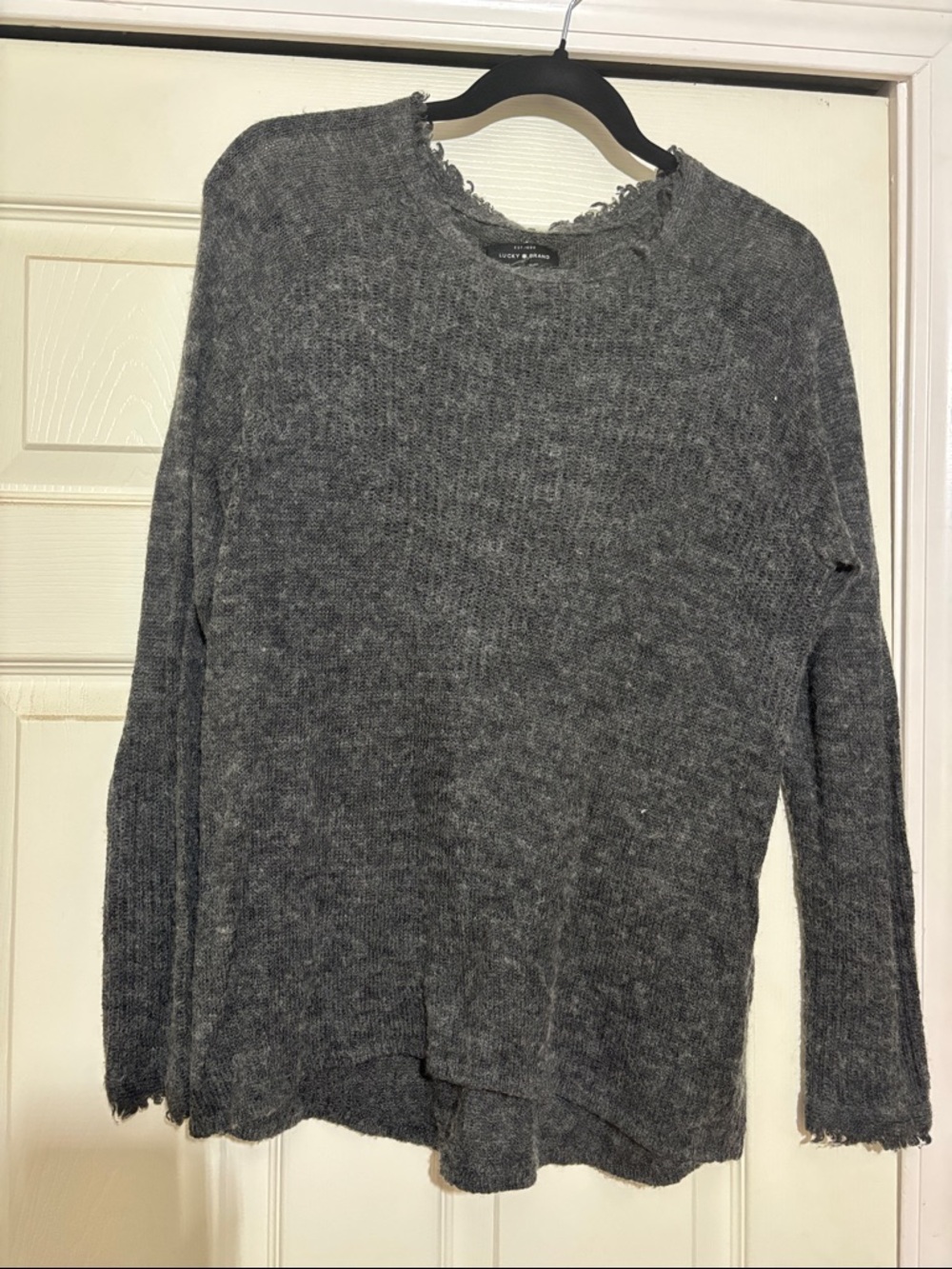 Lucky Brand Women's Dark Gray Distressed Crewneck Sweater
